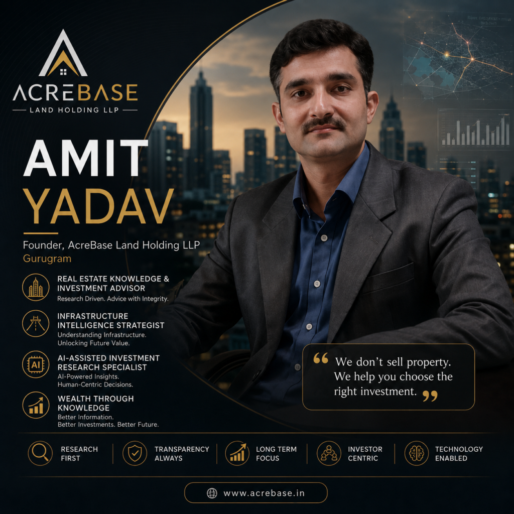 “AcreBase Land Holding LLP. Real Estate Knowledge & Investment Advisory. Research-driven. AI-assisted. Built on a network, not a listing. — Amit Yadav, Founder & Real Estate Investor Advisor.”