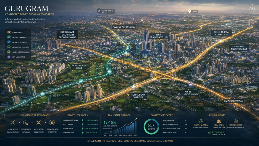 A bird's-eye view of Gurugram showing expressways, metro corridors, business districts, residential clusters, and green spaces with subtle analytical overlays highlighting connectivity and growth corridors A bird's-eye view of Gurugram showing expressways, metro corridors, business districts, residential clusters, and green spaces with subtle analytical overlays highlighting connectivity and growth corridors