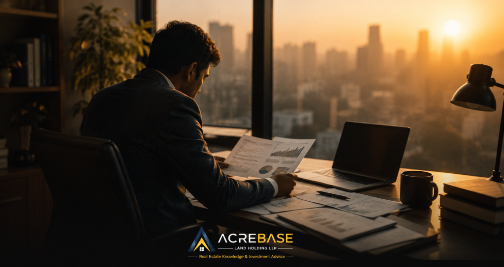 Knowledge Experts and Investment Advisors at Acrebase reviewing research documents and market chart