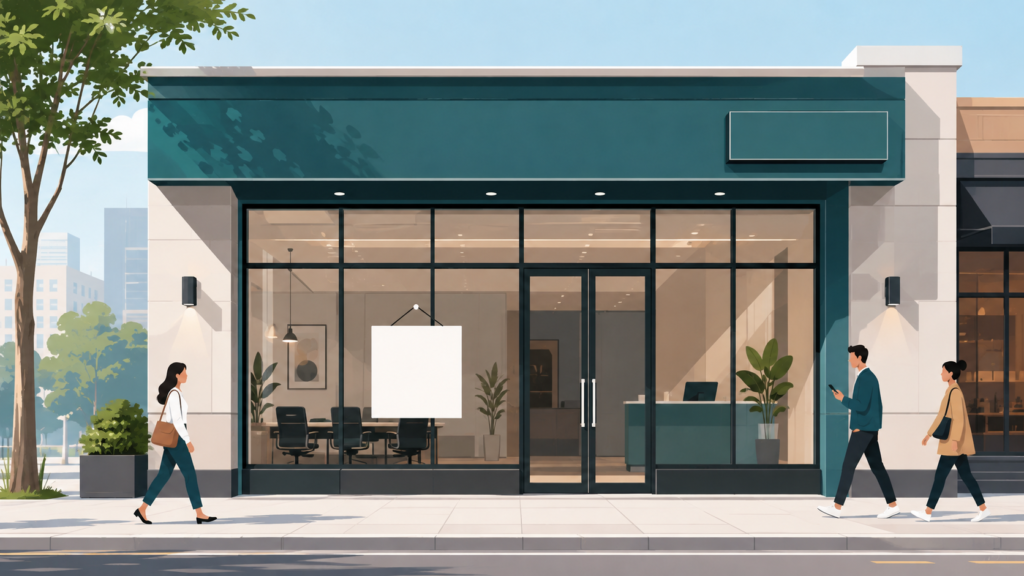 modern teal storefront on city street