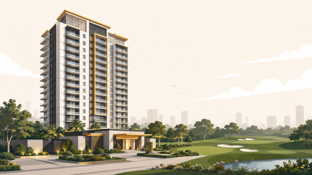 a premium residential tower with landscaped grounds